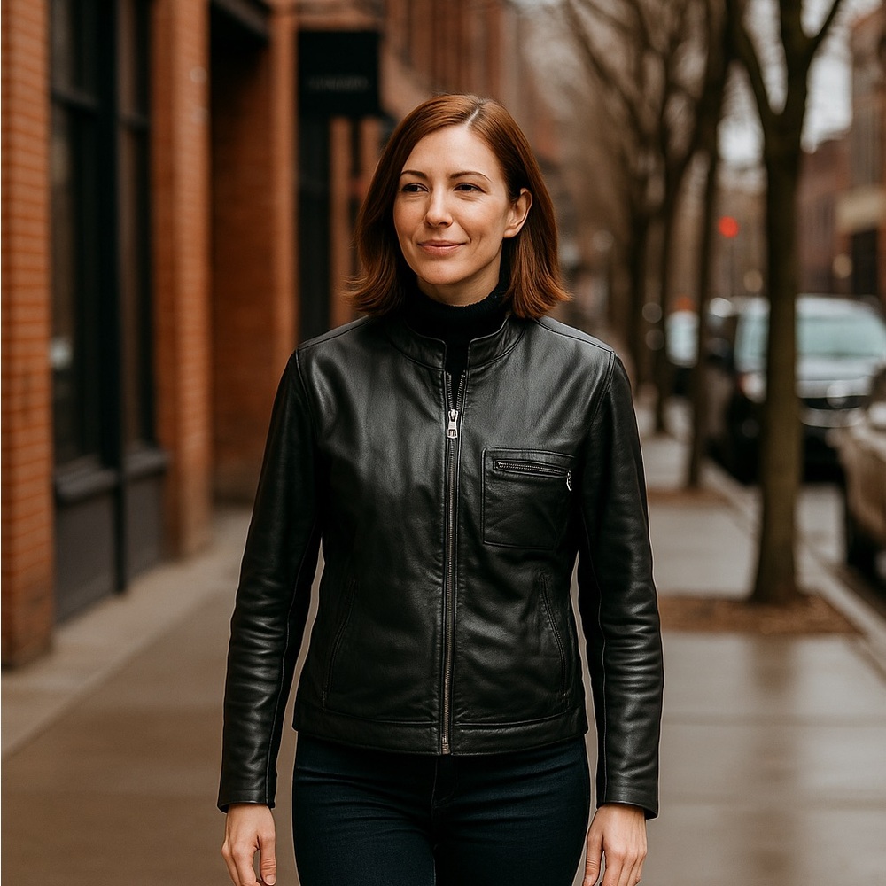 Tahari lambskin leather moto jacket size M